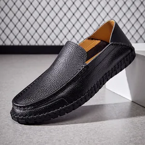 Black top-grain leather men's loafers, comfortable soft-sole driving shoes