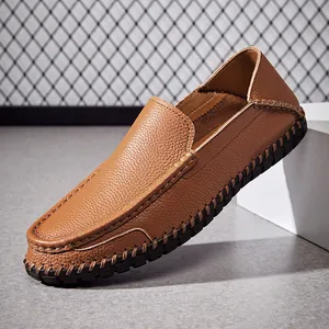 Classic brown pebbled leather men's loafers with a flexible soft sole for comfortable driving