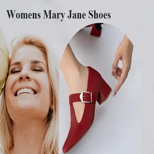 Close-up of red Mary Jane shoes featuring a T-strap buckle and chunky heel