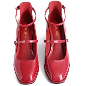 Elegant red patent leather Mary Jane shoes with square toe, block heel and strap