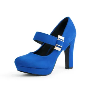 Detailed side view of blue suede Mary Jane shoes with gold buckles and platform.