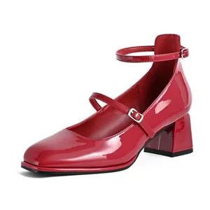 Classic red patent leather Mary Jane shoes with square toe and sturdy block heel