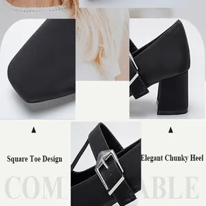 Detailed view of black square-toe Mary Jane shoes with elegant chunky heel