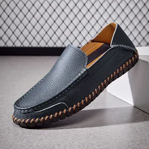 Men's leather loafers for driving with soft soles and hand-stitched details