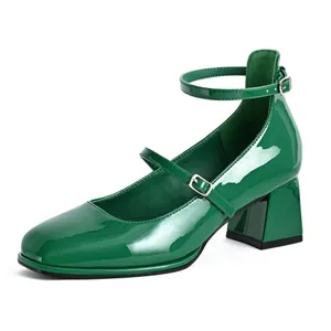 Elegant green patent leather Mary Jane shoes with square toe and comfortable block heel
