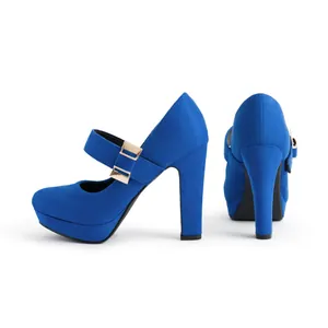 Detailed view of bright blue platform Mary Jane high heels with chunky heels and gold buckles.