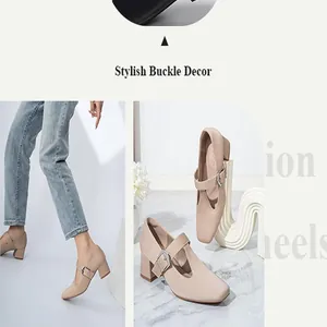 Detailed view of stylish beige block heel Mary Jane shoes with T-strap buckle decor