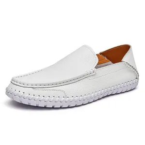 Men's white genuine leather loafers driving shoes with textured pebble grain finish.