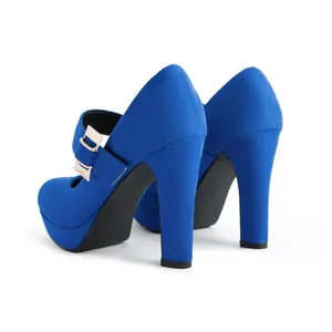 Back view of elegant blue suede Mary Jane shoes with chunky high heels and gold buckles