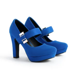 Detail view of vibrant royal blue suede platform Mary Jane shoes with thick block heels