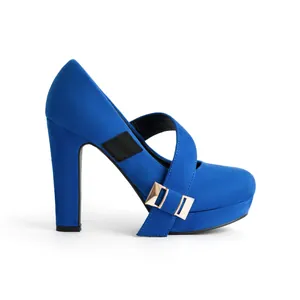 Side detail of cobalt blue suede Mary Jane platform heels with decorative gold buckles