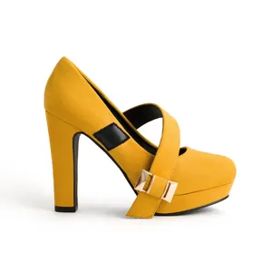 Detailed side view of mustard yellow Mary Jane high heels with chunky heel and platform