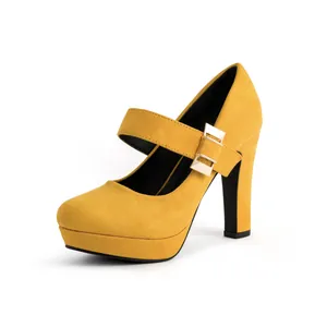 Detailed side view of yellow suede Mary Jane pumps with platform and chunky heel.
