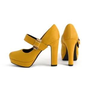 Mustard yellow platform chunky heel Mary Jane shoes side and back view detail