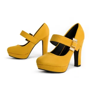 Yellow suede Mary Jane platform heels with chunky high heels and adjustable straps