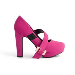 Side view of hot pink suede Mary Jane platform high heels with cross strap buckle