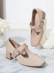 Chic beige Mary Jane pumps with chunky heels and adjustable T-strap buckle