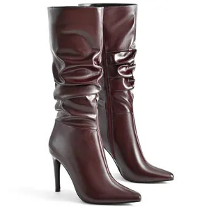 Stivali a Punta con Tacco a Spillo da Donna Moda Stivali Alti al Ginocchio con Pieghe Sexy Stivali in Ecopelle Autunno Inverno