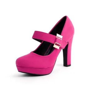 Fuchsia suede Mary Jane platform pumps with chunky high heels and gold buckle detail.