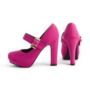 Fuchsia suede Mary Jane pumps with block heel, platform, and double gold buckles