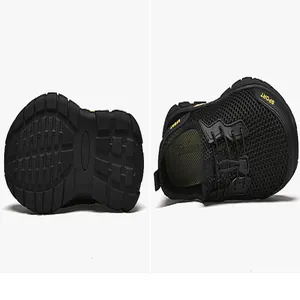 Detailoverzicht van ademende zwarte mesh outdoorschoenen met antislip rubberen zool