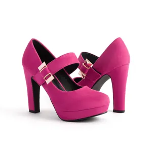 Fuchsia suede Mary Jane high heels with block heel, platform, and gold buckle strap