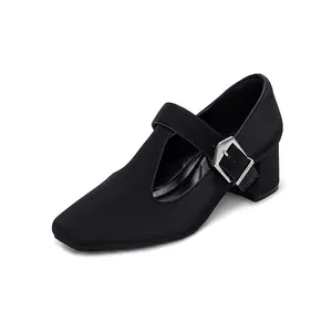 Women Retro Mary Jane Shoes PU Leather T-Strap Chunky Heel Pumps Round Toe Buckle Fashion Party Banquet Casual Footwear