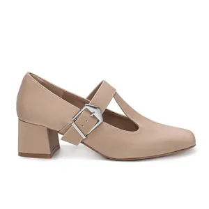 Elegant beige Mary Jane shoes featuring a round toe, chunky block heel and T-strap buckle