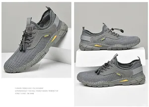 Dettaglio scarpe casual da uomo in mesh grigio traspirante con lacci elastici per l'estate.