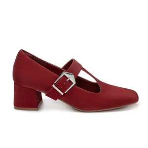 Retro red Mary Jane shoes with a chunky heel, elegant T-strap and silver metal buckle