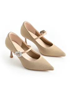 Pointed-toe beige knit Mary Jane stilettos with elegant sparkling buckle detail