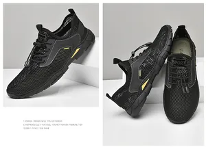 Dettaglio ravvicinato di sneaker in mesh nero traspirante con lacci elastici per uomo