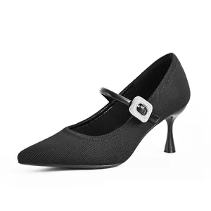 Elegant side view detail of black pointed-toe Mary Jane pump with rhinestone buckle