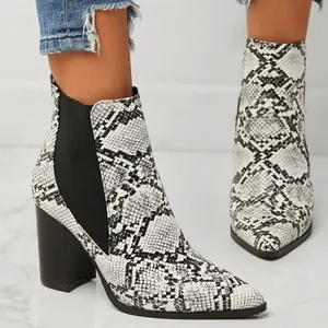 Stylish snakeskin pointed toe block heel ankle boots with elastic side panels
