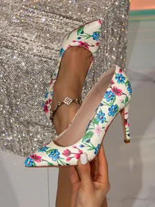 Floral print pointed toe stiletto heels with elegant blue and pink flower patterns