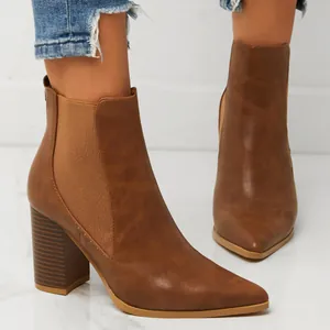 Stylish brown pointed toe chunky heel ankle boots with side elastic panels for women