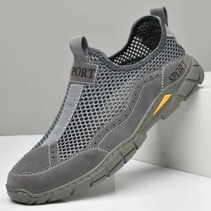 Chaussures de loisirs d'extérieur en mesh gris respirant pour hommes en cuir de porc