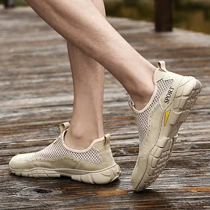 Scarpe da uomo traspiranti in mesh e pelle di maiale, kaki, stile casual da esterno.
