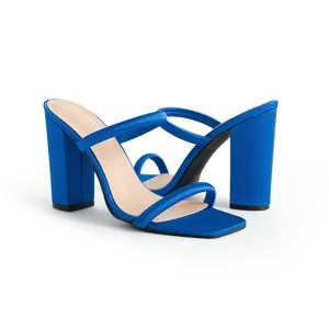 Elegant blue high-heeled sandals with square toe and chunky block heel detail