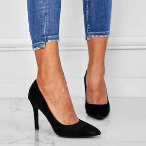 Elegant black suede pointed-toe stiletto high heels for women, fashion banquet shoes
