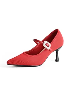 Elegant red knit Mary Jane high heels with pointed toe and sparkling buckle