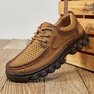 Zomer Heren Toplaag Koeienhuid Casual Schoenen Outdoor Opengewerkt Ademend Low Top Zachte Zool Antislip Leren Schoenen