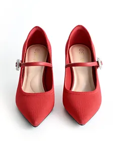 Elegant red pointed-toe Mary Jane heels with rhinestone buckle and knit texture