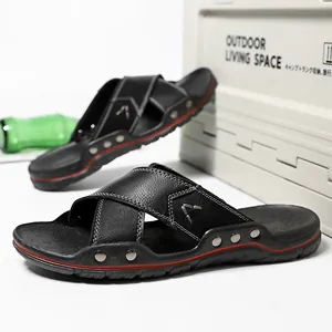 Heren Echt Lederen Flip Flops Grote Maten Casual Strand Sandalen Zachte Zool Antislip Outdoor Slippers Met Klinknagels