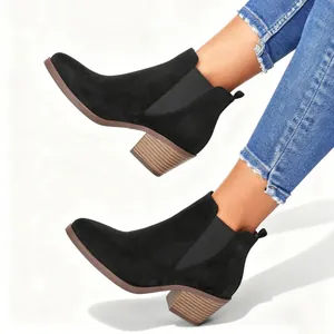 Women Suede Chelsea Boots Chunky Middle Heel Ankle Boots Pointed Round Toe Solid Color British Style Slip-on Martin Boots