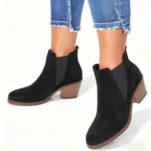 Elegant black faux suede ankle boots with comfortable block heel and elastic side