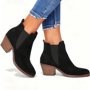 Women's chic black suede chunky block heel ankle boots with elastic side panels