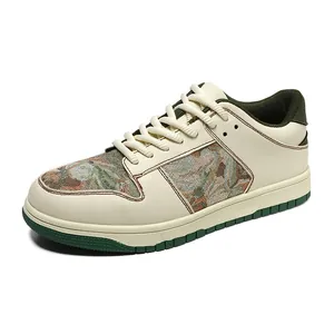 Vintage κρεμ και πράσινα casual sneakers με φλοράλ σχέδια υφάσματος για άνδρες και γυναίκες