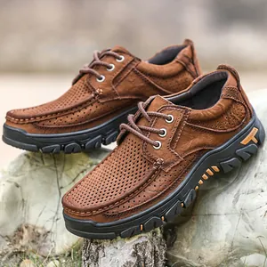 Scarpe outdoor da uomo in pelle vintage con design traforato traspirante e suola spessa