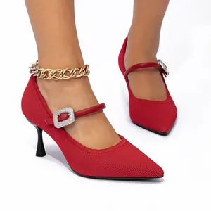 Women Pointed Toe Mary Jane High Heels Rhinestone Buckle Flyknit Stiletto Pumps Elegant Office Dress Shoes Single Shoes